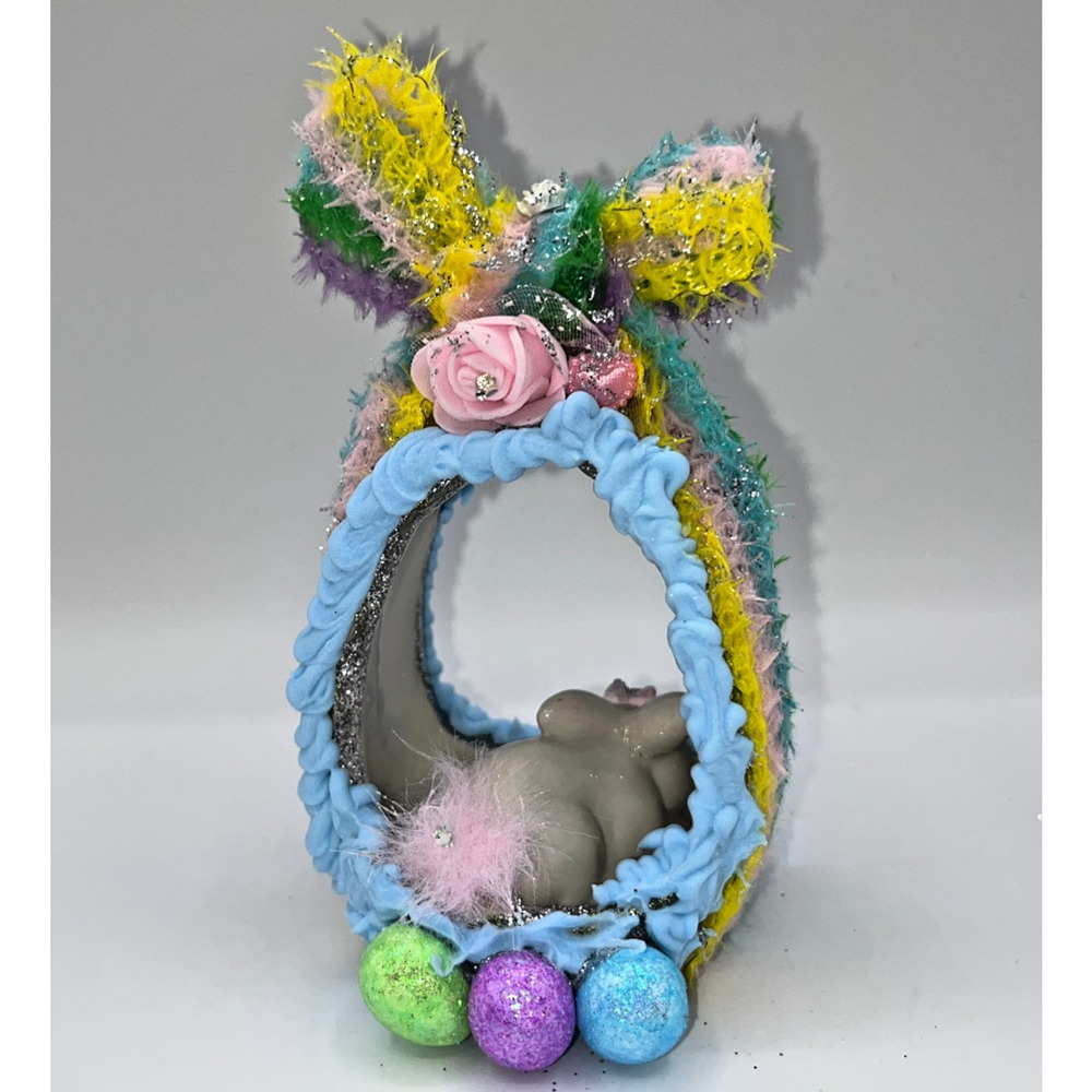 Vintage Ceramic Ornament Bunny Diorama Egg Greenbrier Pastel Eggs Flowers OOAK - Picture 5 of 13